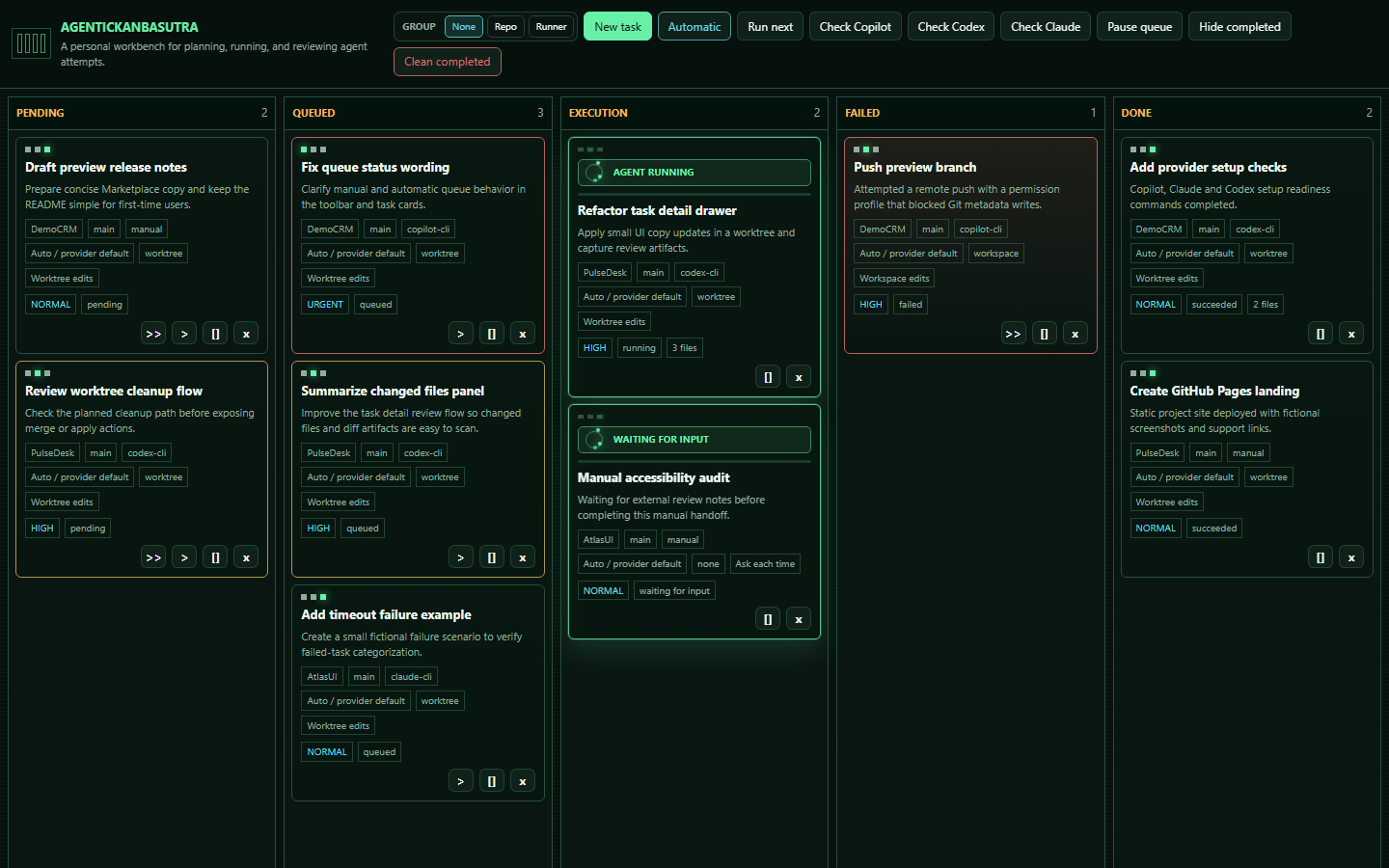 AgenticKanbasutra task board running inside a VS Code WebView
