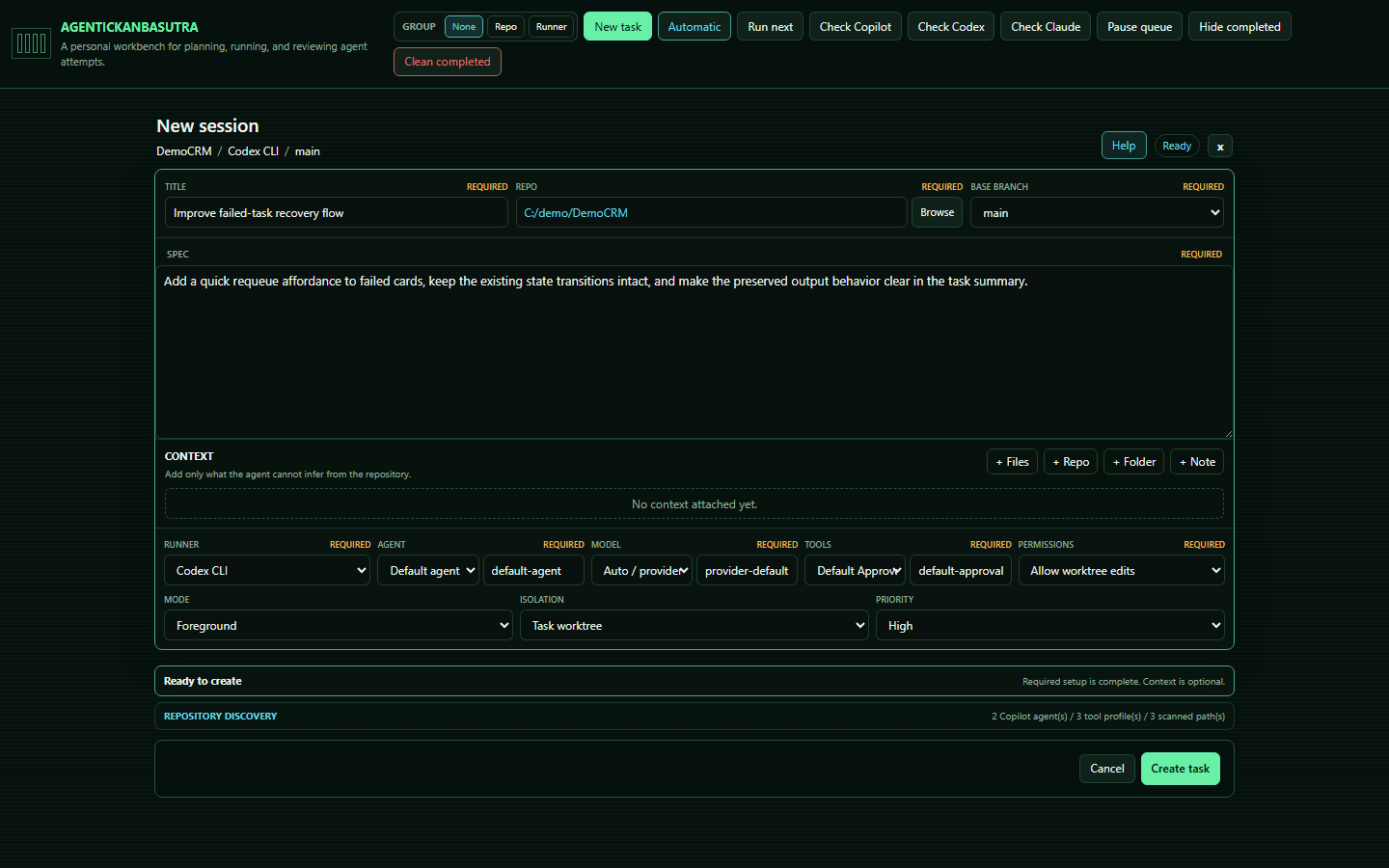 New task composer with repository and runner settings