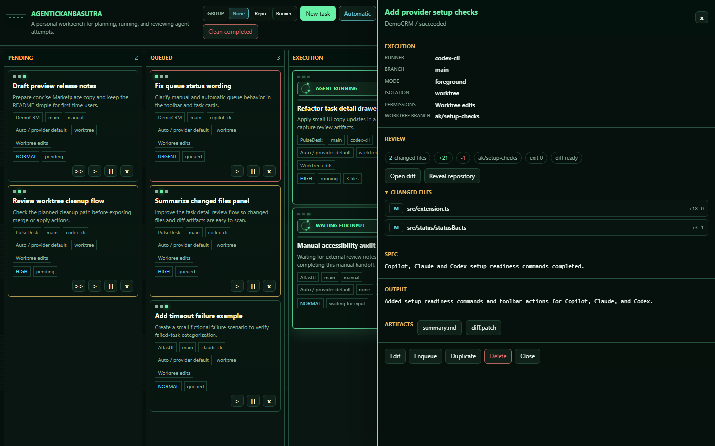 Task detail drawer with summary and artifacts