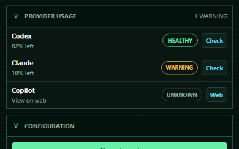 Provider usage health section in the AgenticKanbasutra sidebar