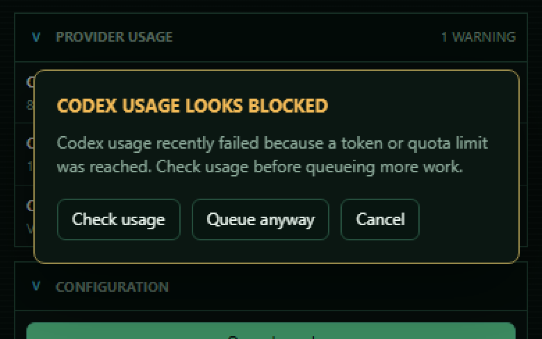 Provider usage warning before queueing a task