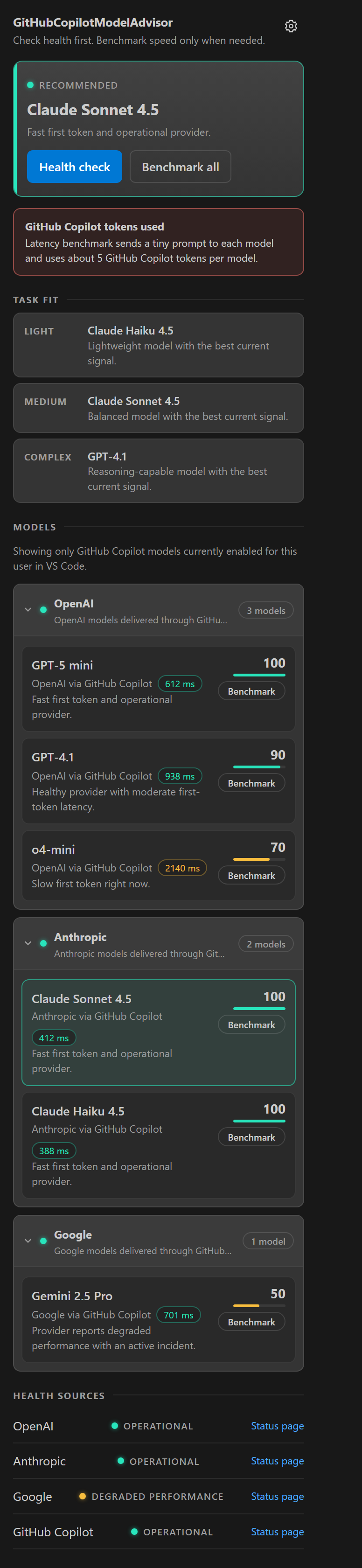 The Model Advisor sidebar: a recommended model card on top, a token-use notice, task-fit picks, and ranked model rows with latency chips and scores.